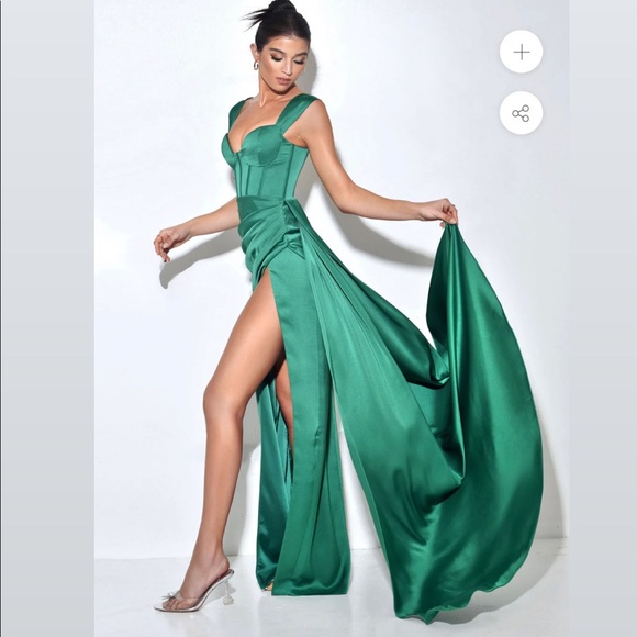 Green High Slit Corset Satin Gown - Picture 3 of 4